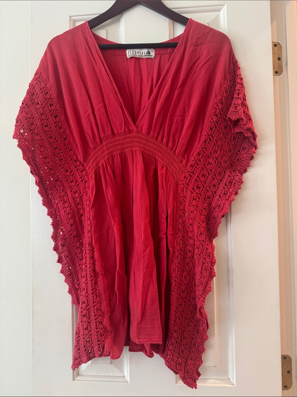 Coral-Red Crochet Sleeve V-Neck Cover-Up